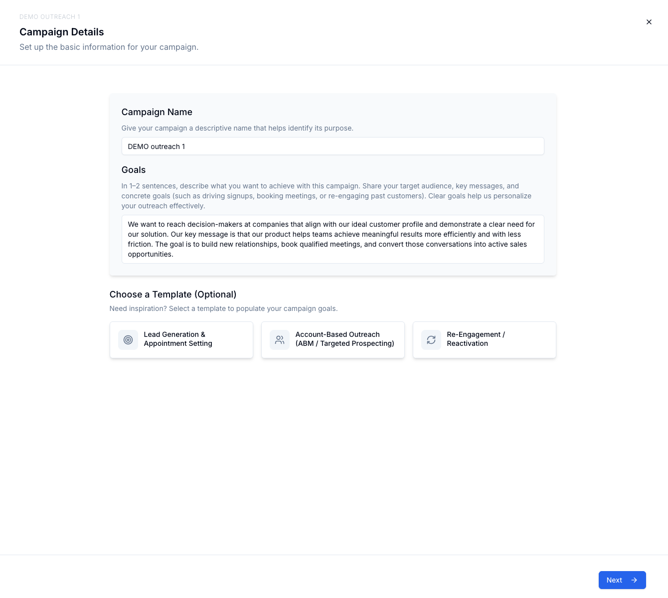 Skyp campaign details setup interface showing campaign name, goals, and template selection for fast email outreach configuration - Step 1