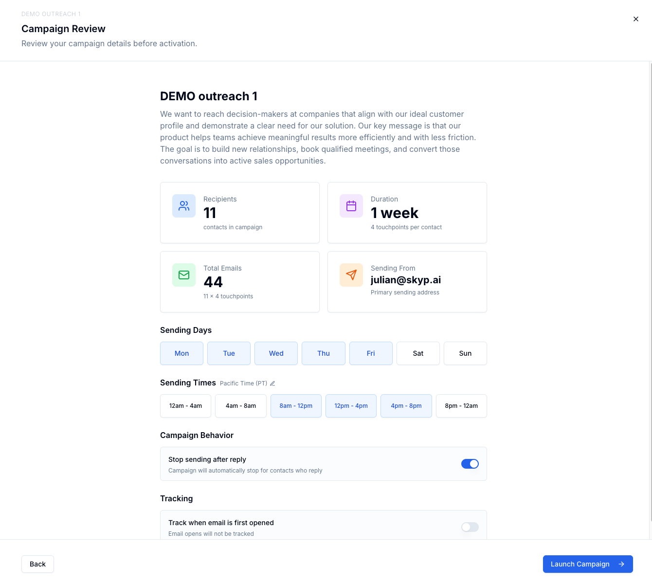 Skyp campaign details setup interface showing campaign name, goals, and template selection for fast email outreach configuration - Step 4