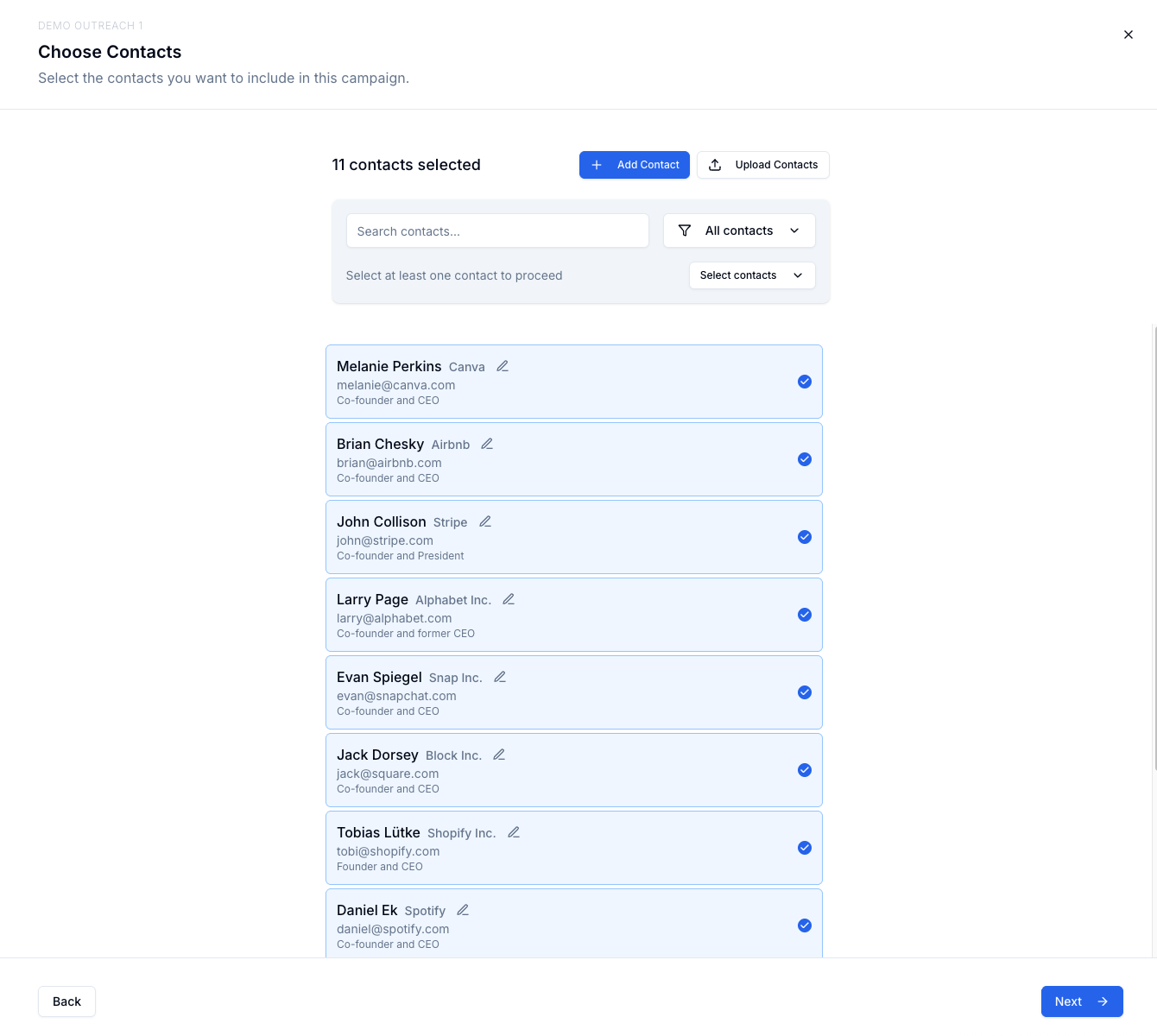 Skyp campaign details setup interface showing campaign name, goals, and template selection for fast email outreach configuration - Step 2