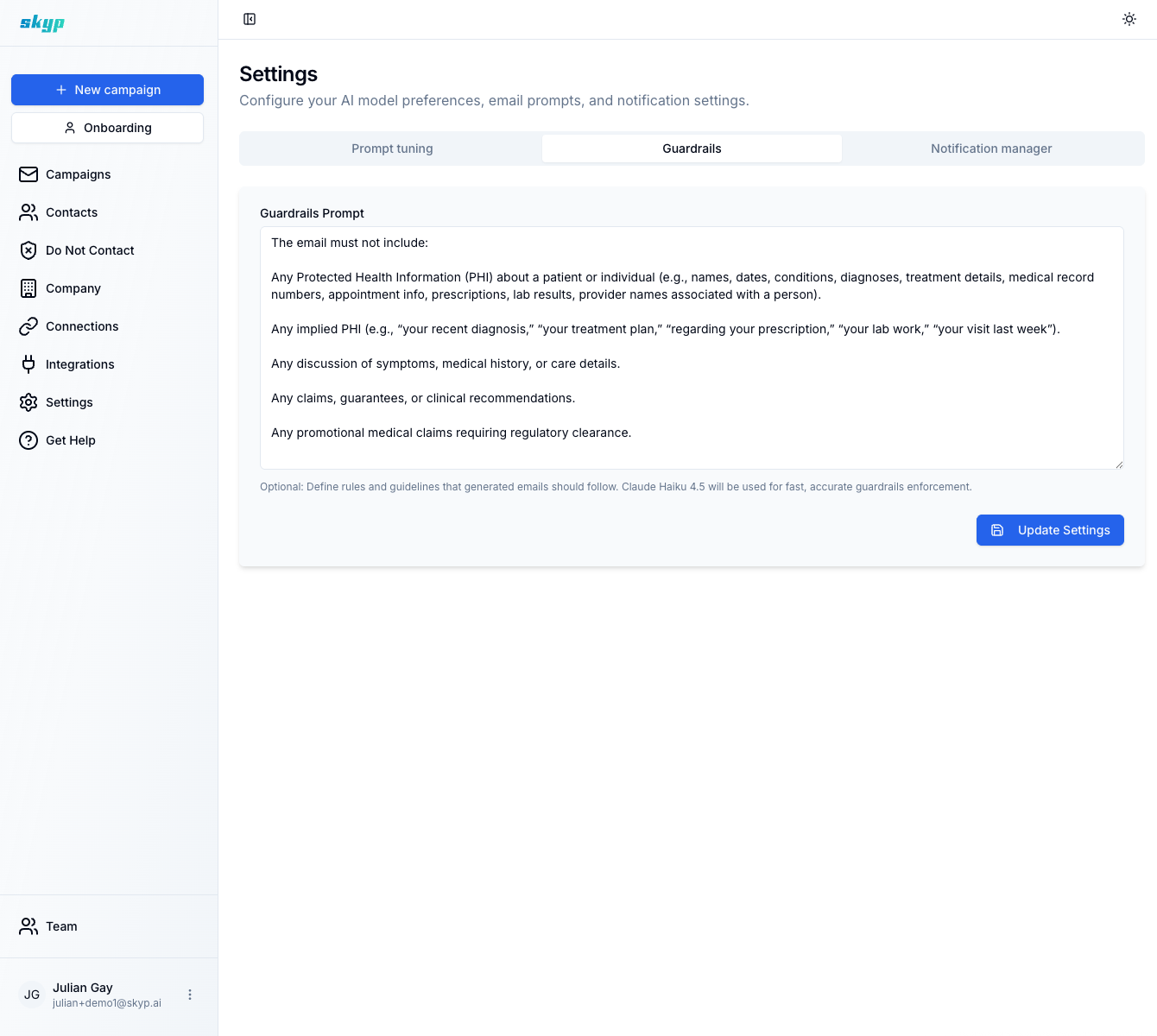 Skyp compliance guardrails interface showing guardrails prompt for medical outreach policies and restrictions