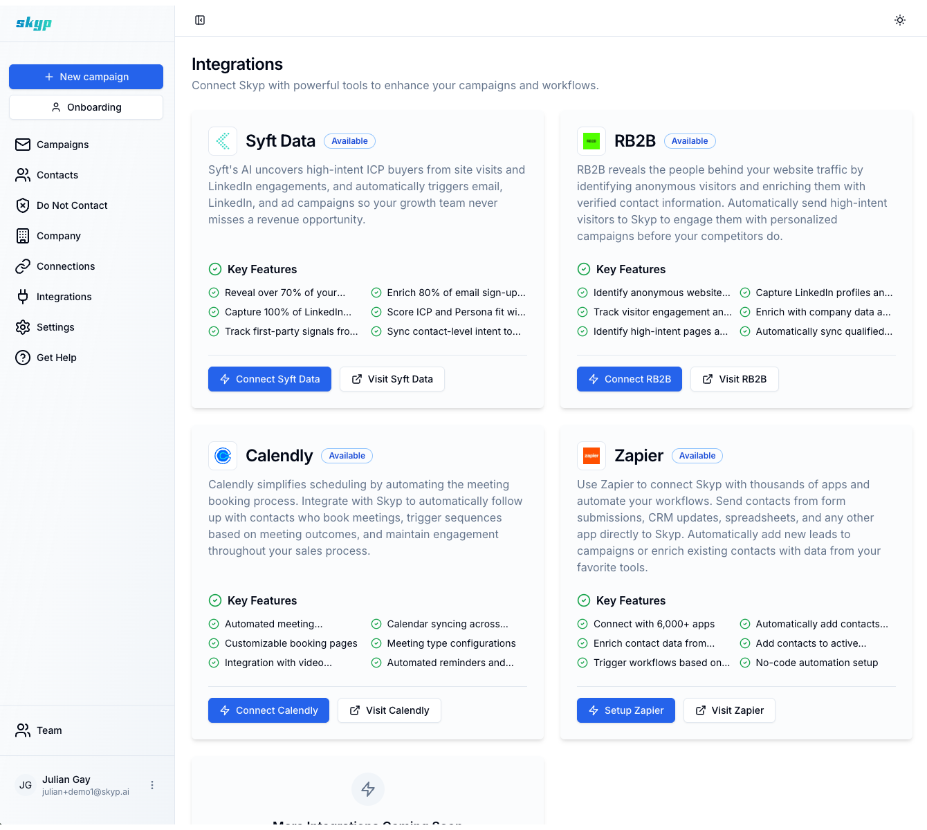 Skyp multichannel integrations interface highlighting LinkedIn, WhatsApp, Telegram, and additional channel options