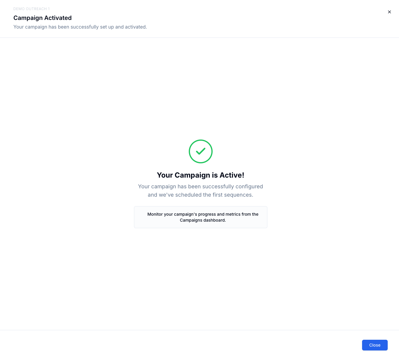 Skyp campaign details setup interface showing campaign name, goals, and template selection for fast email outreach configuration - Step 5