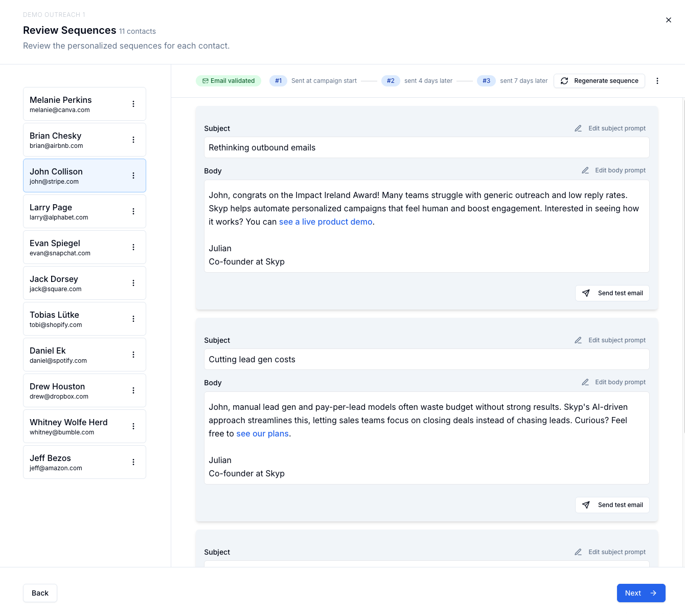 Skyp AI email sequence review interface showing personalized outreach campaigns with contact list, email preview, and campaign management tools for sales teams