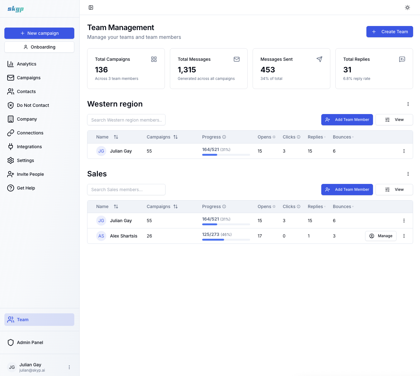 Skyp team management interface showing team creation, unified analytics across team members, and admin impersonation controls for account configuration